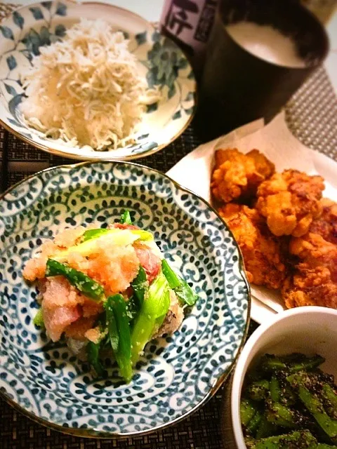 鯵の明太子和え＆隠元の胡麻和え＆しらす蕪おろし＆鳥の唐揚げ|たにたにさん