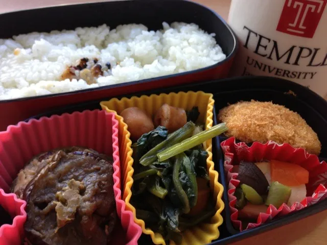 ピーマンの肉詰めとナス炒め、ほうれん草炒めのお弁当。ご飯は土鍋で炊いたのでおこげいり。冷凍食品ありがとー(*^^*)|うみちづさん