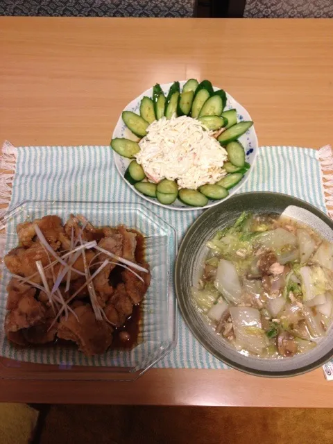 鶏もものユーリンチー風  白菜のキノココンソメ煮  サラダ|矢部智恵子さん