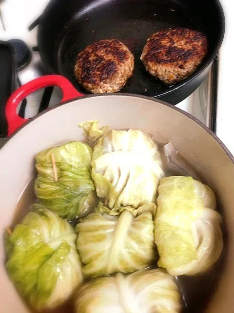 ロールキャベツを作ったら、豆腐でかさ増しした分中身が余ったのでハンバーグに！食べるは明日だけどね。|うきさん