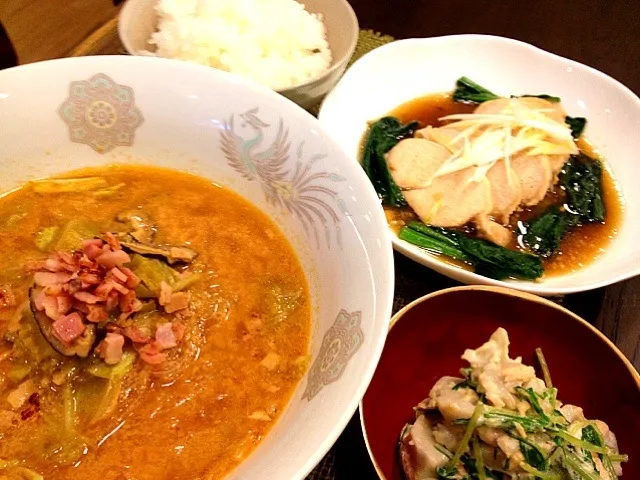 担々麺風春雨、鶏チャーシュー、里芋と水菜の柚子胡椒サラダ|masakoさん