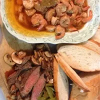 Snapdishの料理写真:BBQ Shrimp, Ribeye with Roasted Bell Pepper and Sautéed Portobellos|Jason K. Doveさん