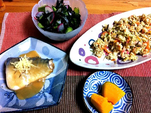 鯖の味噌煮 かぼちゃ甘煮 お豆腐の粉 酢の物|古賀愛さん