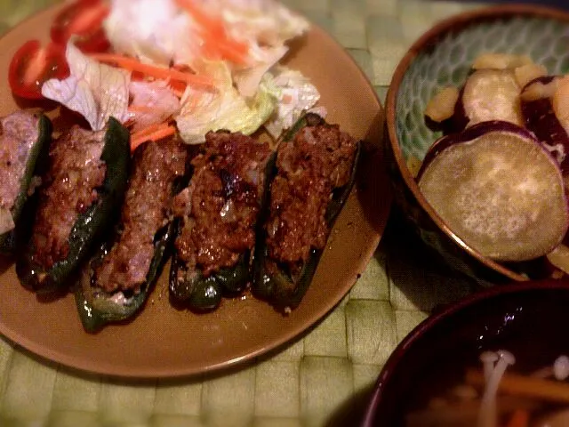 ピーマン肉詰め、サツマイモの甘煮、吸い物|ちぃさん