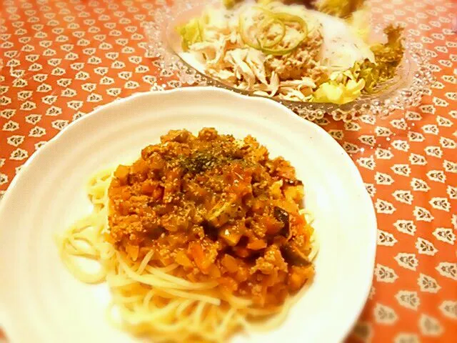 ミートソースパスタ、春雨サラダ|ゆっきーさん