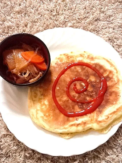 Snapdishの料理写真:Ham and cheese pancake and leftover kimchie hotpot|Kirsten Adachiさん