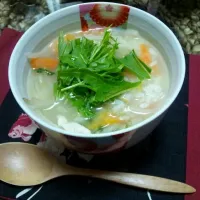 Snapdishの料理写真:鶏と水菜のハリハリスープご飯|ちょこみん。さん