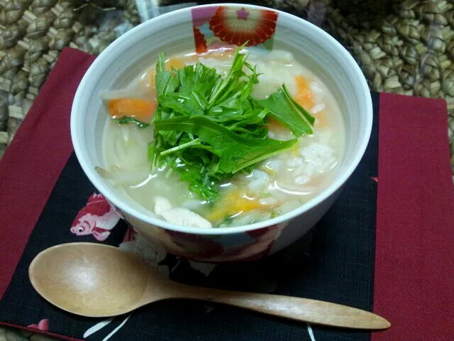 鶏と水菜のハリハリスープご飯|ちょこみん。さん