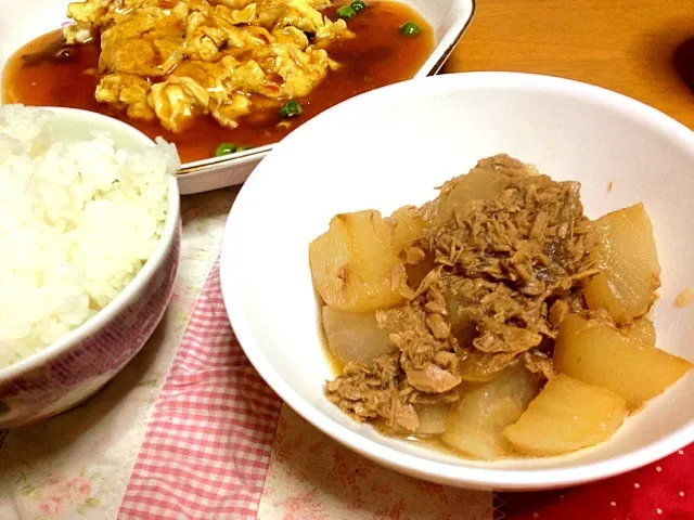 大根とツナの煮物。かに玉。|白ご飯大好き専用ザク。さん