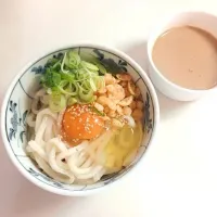 Snapdishの料理写真:釜玉うどん＋ほうじ茶プリン|ともさん