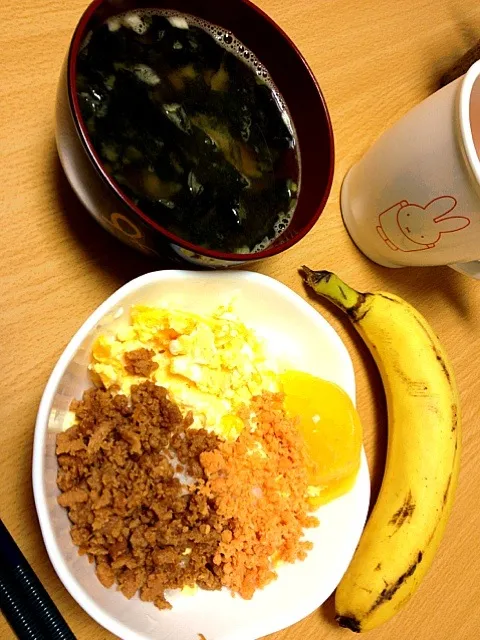 Snapdishの料理写真:鶏そぼろと鮭の三色丼|礼衣さん