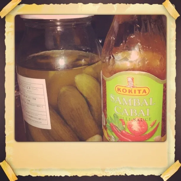 Iranian cucumber pickles and indonesian Hot Chili sauce.|marloさん