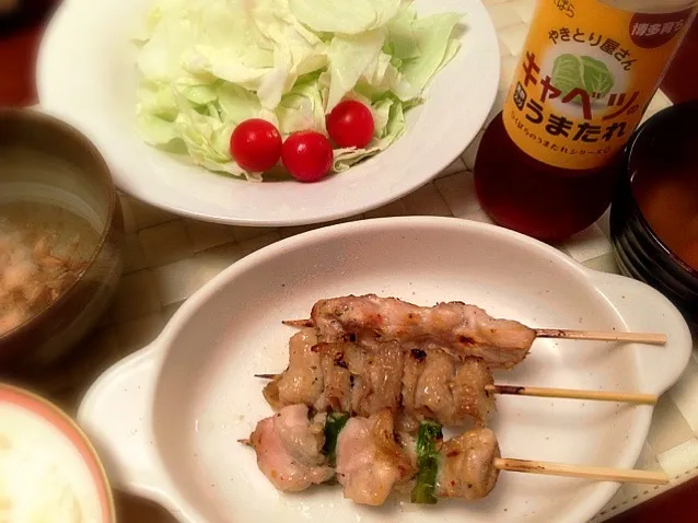 夕飯〜焼き鳥 焼き茄子 うまたれキャベツ〜|美羽さん