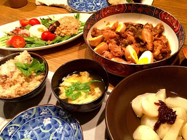 里芋ごはん  かぶの柚餅子添え  鳥肉のネギ煮  納豆サラダ  玉子の吸い物|高田恵子さん