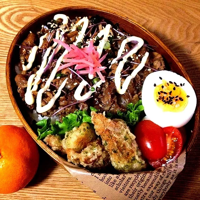 Snapdishの料理写真:寝坊した日の旦那さんお弁当☆豚丼と竹輪の磯辺揚げ|さゆさん