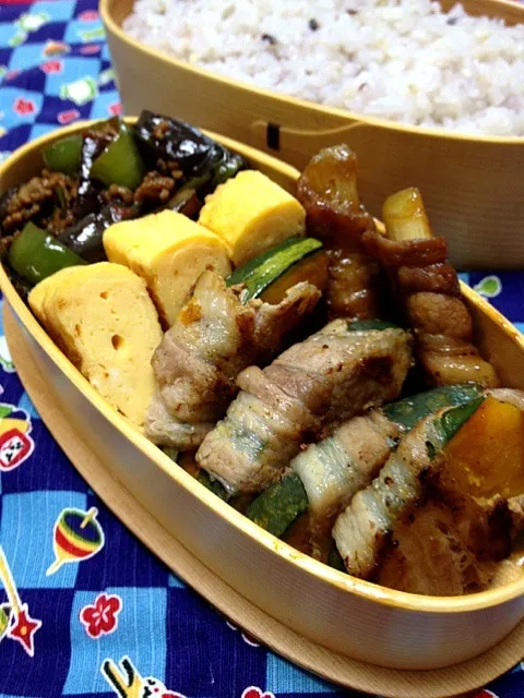 かぼちゃとねぎの肉巻き弁当|ぴよさん