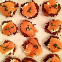 Snapdishの料理写真:mini potato latkes with crème fraîche, smoked salmon and chives|Nicoleさん