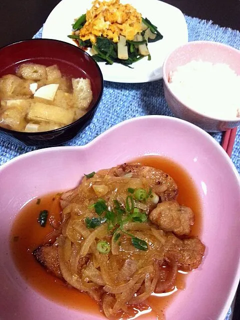 豚ヒレの南蛮漬け ほうれんそうの卵のせ 豆腐とあげの味噌汁|野崎恵理さん