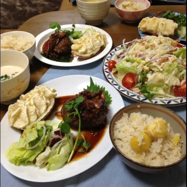 照り焼きハンバーグ、栗ご飯|あゆさん