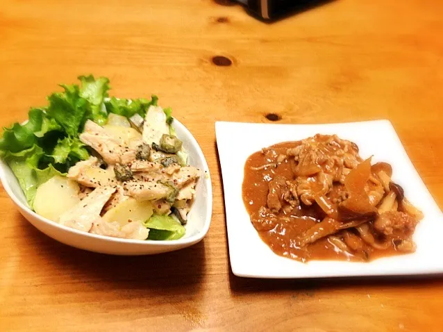 ハッシュドポーク・鶏肉と焼きじゃがいも、エリンギ、オクラのサラダ|俊さん