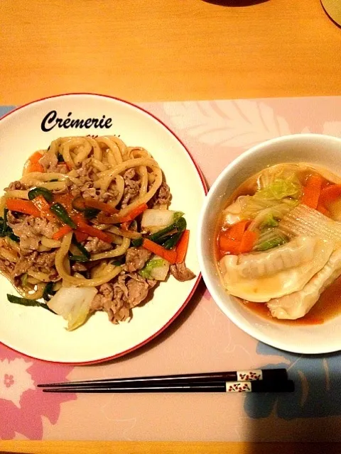 晩ご飯は焼うどん＆スープ餃子|マキマキさん