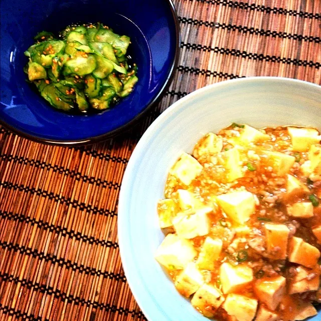 麻婆丼  胡瓜の酢の物|🌀さん