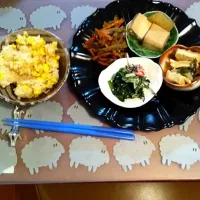 Snapdishの料理写真:⭐コーンの炊き込みご飯⭐キンピラゴボウ⭐高野豆腐とカブの煮物⭐豆腐と大根のこってり煮⭐小松菜の胡麻和え⭐水菜とひじきのサラダ|あぐりさん