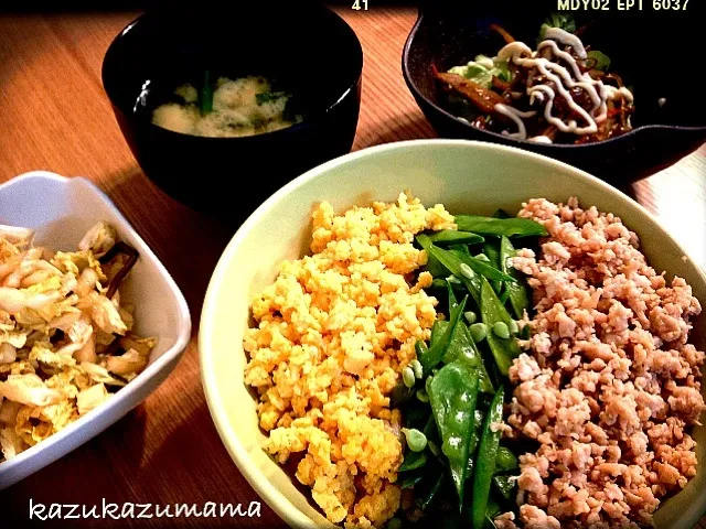 Snapdishの料理写真:3色そぼろ丼.きんぴらマヨサラダ.豆腐とニラの味噌汁.|kazukazumamaさん