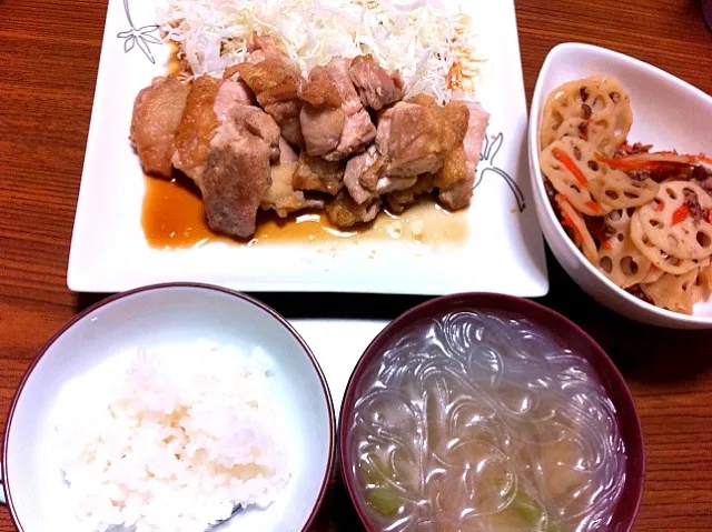 鶏肉の油淋鶏 蓮根のきんぴら 春雨スープ|あたこさん