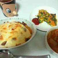 ミートドリア、かぼちゃとほうれん草のオムレツ、野菜スープ|もえちゃんさん