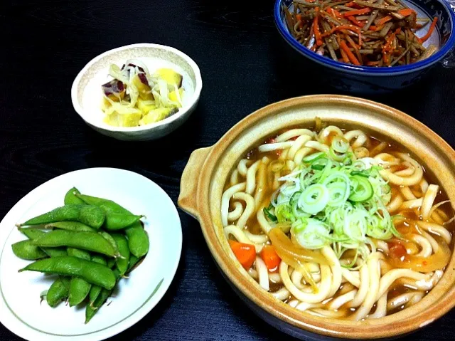 カレーうどん＊きんぴらごぼう＊さつまいものマリネ＊枝豆|さちこさん