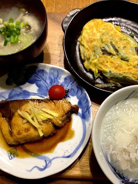 ブリの照焼き、ミョウガの卵とじ、春雨中華スープ、シラス大根おろし|ぺぽりさん