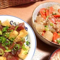 Snapdishの料理写真:まぐろアボカド丼/大根と鶏ひき肉の煮物|coppyさん