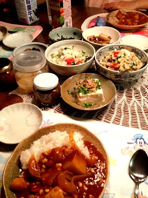 トマトカレー、メキシカンサラダ、お豆さらだ、冷奴|rika4438さん