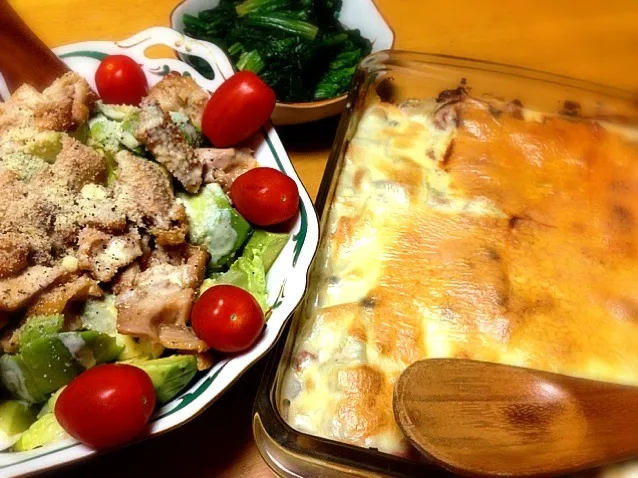 きのこドリア 照り焼きチキンとゆで玉子とアボカドのサラダ ほうれん草のおひたし|puupanchanさん