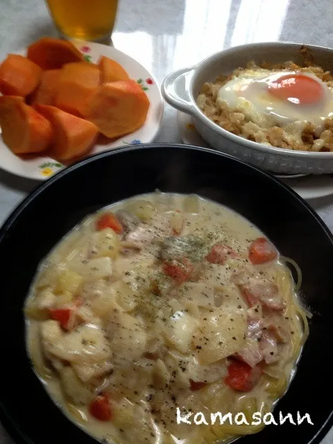 夕べの牡蠣のチャウダーで、スープパスタ🍝和風ドリア♪|かまさん