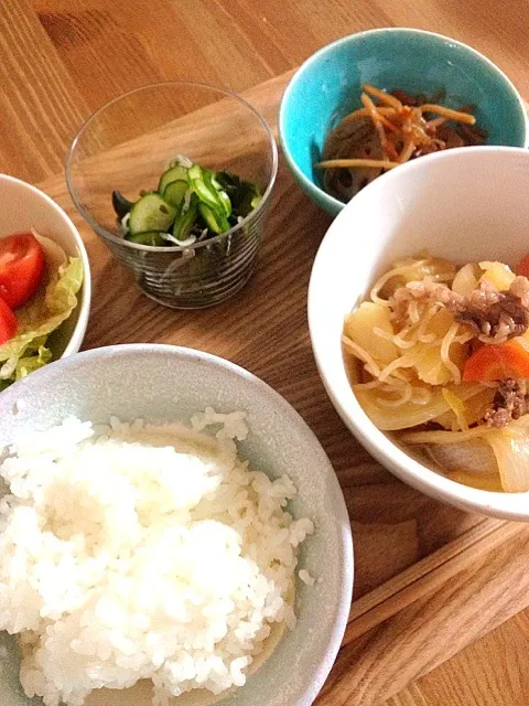 Snapdishの料理写真:肉じゃが、きんぴら、酢の物|にゃんこ♪さん