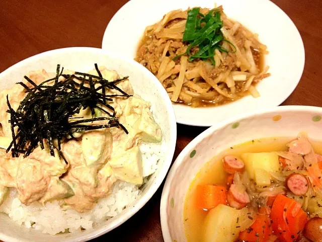 アボガ丼＆大根とツナの炒め物|もめんさん