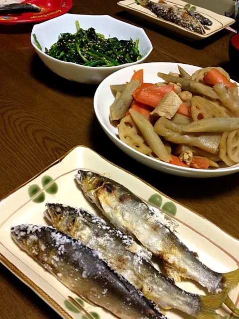 天然鮎の塩焼き・筑前煮・法蓮草の胡麻和え|パンダ母さん🐼さん