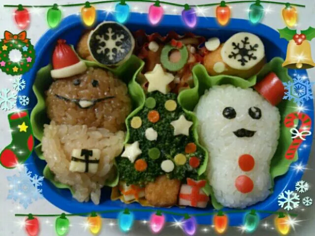 サンタ？ななめこと雪だるまなﾏｻﾙのおにぎりお弁当|ゆうきさん