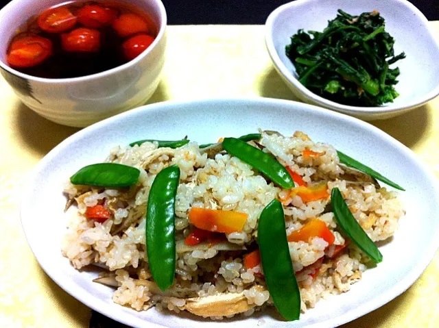 野菜づくし 混ぜ寿司・トマトのお吸い物・春菊の胡麻和え|Yoko Hayashiさん