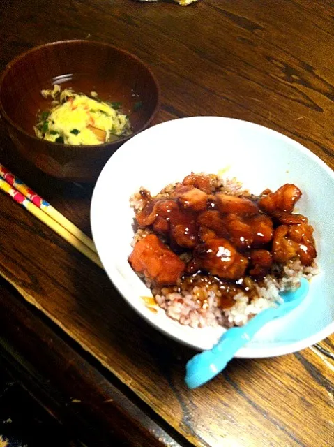 焼き鳥丼、たまごスープ|ほなみさん