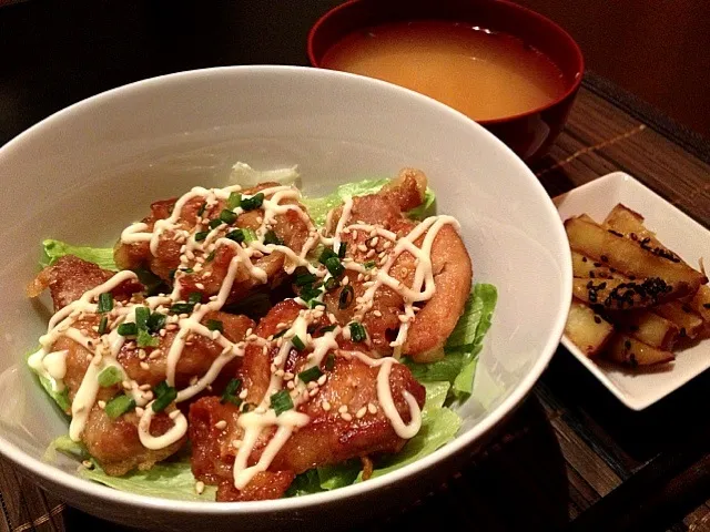 唐揚げ丼、さつまいもの甘辛煮|はるさん