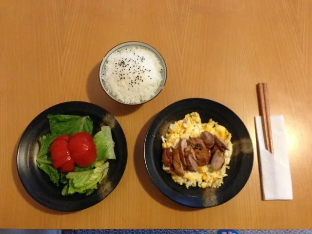 Teriyaki chicken on fried egg with salad and rice.|William McConnellさん