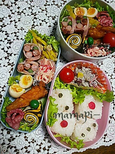 Snapdishの料理写真:おはようごじゃります(* ^ー゜)ノ長男&娘っち弁当☆娘っちのはお遊びでサイコロおにぎり～(^з^)-☆長男のは今日はホット弁当☆私は残業があるかもしれないので帰ってきてからじゃ間に合わないかも なのでオカズは先に詰めてるよ♪…ご飯とsoupはあちこーこーを出勤する時に詰めればok(￣∇￣*)ゞ|katumi  ueharaさん