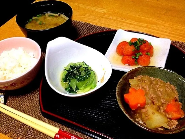 青梗菜の中華炒め、ひき肉じゃが、プチトマトの冷たい煮物|ゆうかさん