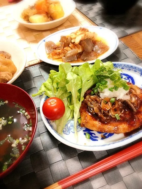 メカジキのステーキ、筍と蒟蒻の煮物♡しじみの赤味噌お味噌汁♡|ゆき☆さん