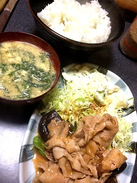 #夕飯 玉子春菊味噌汁、生姜焼きシシトウ椎茸添えキャベツポテサラ添え。|ms903さん