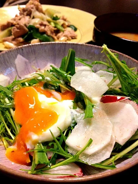 水菜サラダ＆ふゆわらべ（葱）と豚肉の炒め物|halさん