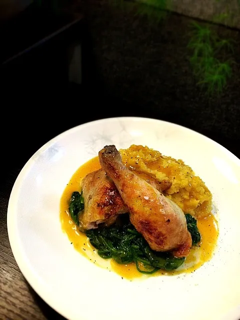 Grilled rosemary chicken,sweet potato purée,orange sherry sauce.|rick chanさん